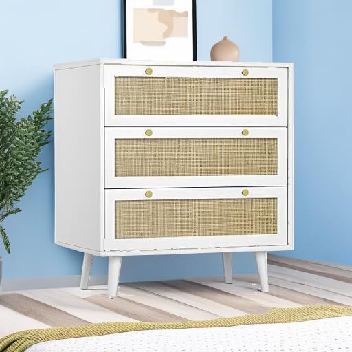 Miniatura 7 de Anmytek Cómoda blanca para dormitorio con 3 cajones, cómoda moderna de madera con 3 cajones, cómoda blanca con amplio almacenamiento de ratán para