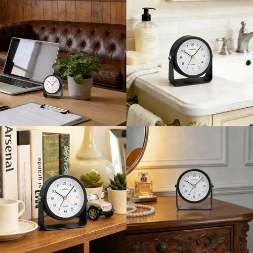 Image of Lamisola 3.5 Inch Small Desk Battery Clock, Black Alarm Clock for Bedroom | Travel Clock for Bathroom Table Shelf Bedside, Cute Metal Vintage Silent Night Light Snooze for Kids Seniors