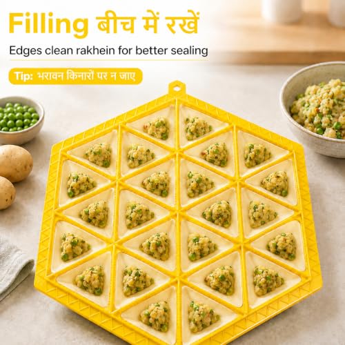 Image of Samosa Maker Mould, 24 Cavity Samosa Tray, ABS Plastic - Yellow | Sealing dots, ABS plastic body, makes 24 samosas at once; keep filling away from edges for better sealing, Made in India