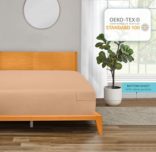 Image of ROYALE LINENS 300 Thread Count 100% Long Staple Combed Cotton Fitted Sheet California King - Super Soft Deep Pocket Bottom Sheet - Fitted Sheets Only - Elastic Sheets (Cal King, Sand)