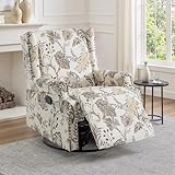 UIXE Swivel Glider Recliner Chair for Adults, High Back Nursery Rocker Floral Upholstered Armchair for Living Room, Manual Reclining Rivet Trim Sofa Lounge with Deep Seat in Fabric - Beige Plants