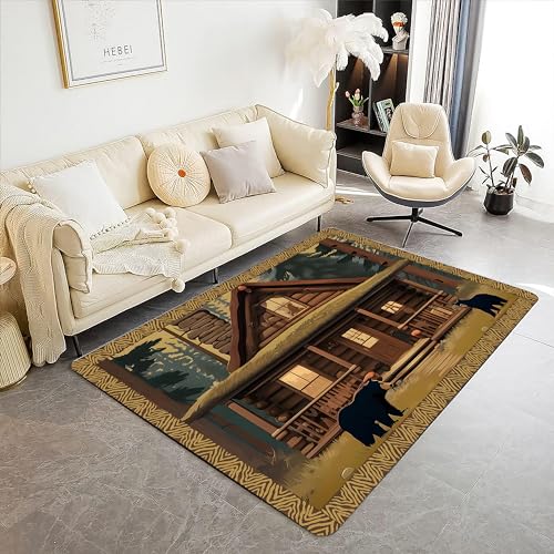 Black Bear Area Rug Rustic Log Cabin Jungle Pine Background Vintage Wood Grain Border Children's Crawl Non-slip Floor Mat Living Room Rug Yellow Bedroom Rug Nursery Decorative 3x4ft