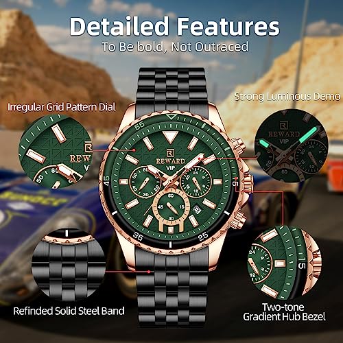 REWARD Relógio de pulso masculino moderno de aço inoxidável para negócios (cronógrafo/à prova d'águ