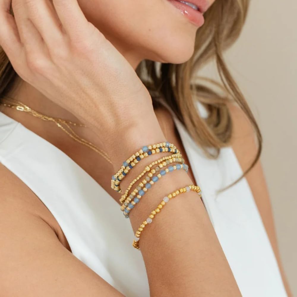 Dainty 14K Gold Plated Gemstone Beaded Stack Bracelets for Women,Stackable Bohemian Beads Bracelet Healing Stretch Trendy Ball Jewelry Friendship Accessories Gift - Image 2
