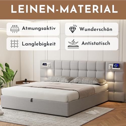 Aoskem Polsterbett Bett 180x200 cm Doppelbett mit Stauraum, Extrabreiter Kopfteil mit Leselicht&USB&KabellosesLaden, Stauraumbett Bettgestell mit Lattenrost, Funktionsbett, Ohne Matratze (Leinen Grau) – Bild 4
