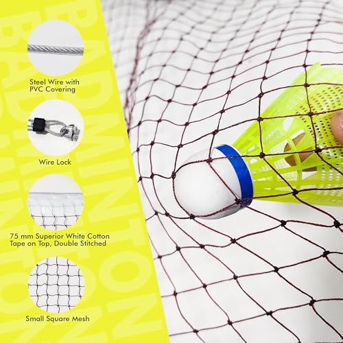 Image of Vixen Premium Badminton Net with Steel Wire Cable | Heavy Duty Nylon Tournament Net with Reinforced White Tape | Indoor & Outdoor
