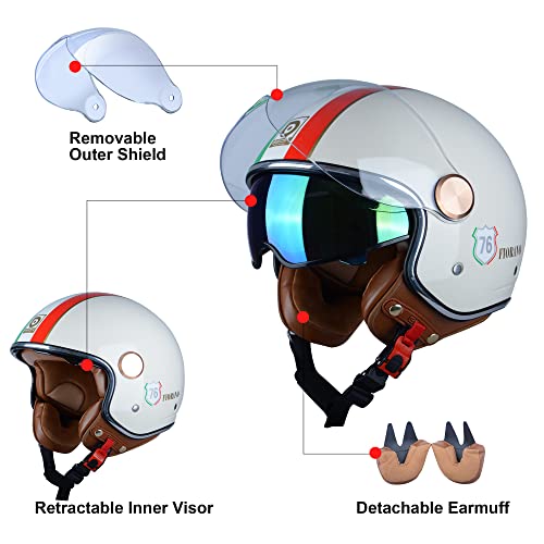 Beon Half 3/4 Face Motorcycle Helmet, Dot Approved, Retro Vintage Style, Dual Visors Men’s And Women’s Motorbike Casco For Moped Cruiser Bobber And Chopper (M, Glossy Milky White) #TOP4