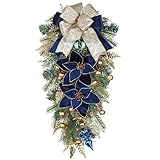 Hollyone Weihnachten Tropfen Girlande 70cm Weihnachtsdeko Teardrop Swag Blau mit Weihnachtskugeln Beeren Weihnachtssterne und Schleife Weihnachtstropfen Hängende Ornamente für Haustür Wand Kamin Deko