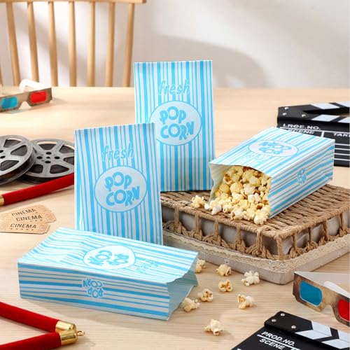 Image of Thenshop 200 Pcs Paper Popcorn Bags Flat Bottom 2 oz Disposable Film Individual Servings Oil Resistant Leak Proof Container Vintage Retro Blue and White Popcorn Sleeves Bags
