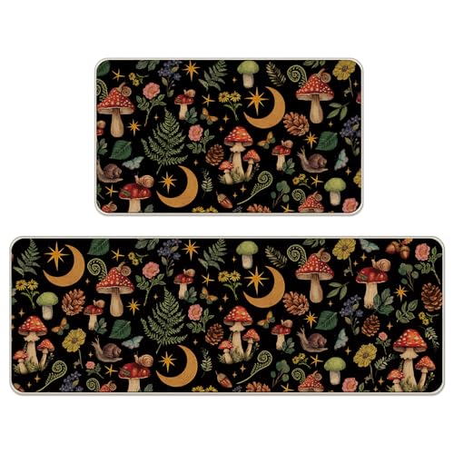 Mystical Forest Mushroom Moon Kitchen Rugs Set of 2, Fairy Tale F...