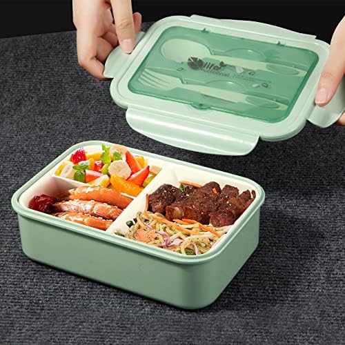 WEAFRICTCH Lunch Box, Bento Lunch Box for Adults & Kids, 1400ml Leakproof Lunchbox with 3 Compartments and Cutlery, Reusable Sandwich Box Food Container, Microwave and Dishwasher Safe (Green)