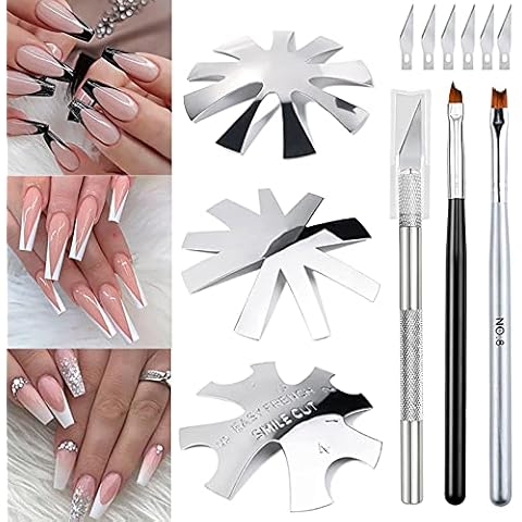 French Cutter for Nails, Lokyango 3pcs French Tip Cutter Edge Trimmer Easy Smile Line Acrylic V Cut Nail with 2pcs Brush, 1pcs Cutting Knife, 5 Spare Blades 7 Piece Set (A) Cover