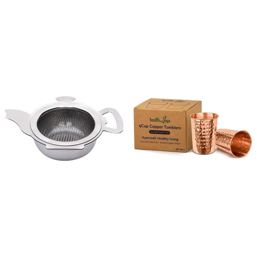 HealthAndYoga® Stainless Steel Tea Strainer with Double Jaali (Mesh) & Handle Plus qCup Hammered Pure Copper Glasses- 250 ml (Pack of 2)-image-32