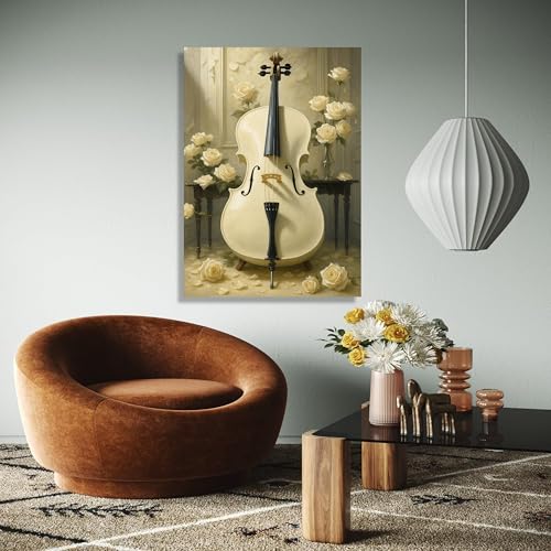 Lienzo de violonchelo blanco vintage de 21x30 cm cuadro de música floral crema sin marco 3