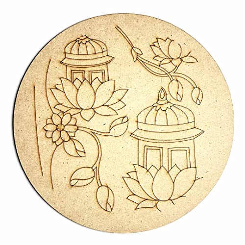 Image of Adikala Temple & Lotus MDF Engraved Design Wall Plate Base with Frame Cutout for DIY Craft