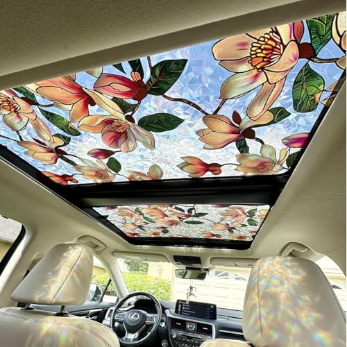 Image of XhuangTech Flower Sunroof Film Floral Rainbow Effect Static Clings Window Privacy Film Sun Protection Stained Glass Decals for Car Moonroof and Home (F834, 17.72 x 35.43 Inch)