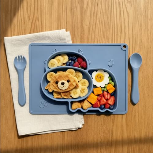 Image of TCK Silicone Baby Meal Plate Set with Spoon & Fork | Hippo Shaped | Blueberry Colour | 3 Section Divided Plate for Toddlers | Food Grade Kids Feeding Set | Microwave Dishwasher Safe