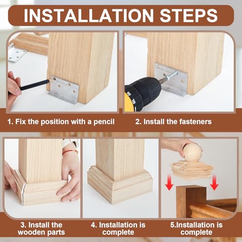 Image of Hosuly 4x4 Wood Newel Post Cap and Mounting Kit, Cedar Finial with Ball Top and L-Bracket Fasteners for Installing Decorative Railings on Stairs, Decks, and Floors