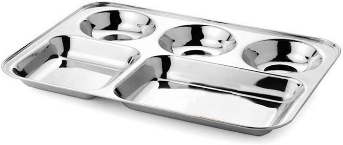 Khandekar Stainless Steel Rectangular Divided Dinner Plate with 5 compartment, Food Serving Partition Plate for Hiking and for Home Daily Use