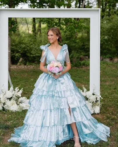 TORYEMY Tiered Tulle Prom Dress Long Ball Gown Deep V Neck Formal Evening Dresses with Slit Ruched for Women3