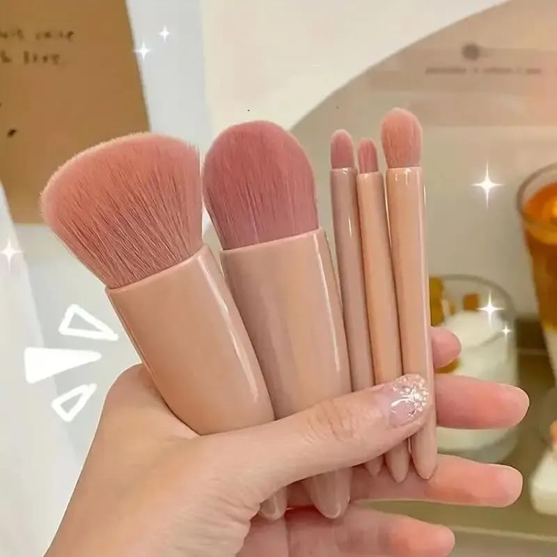 5Pcs Travel Size Makeup Brush Set with Mirror, Mini Portable Cosmetic Brush Kit for Foundation, Powder, Eyeshadow - Complete Function, Ideal for On-The-Go Makeup
