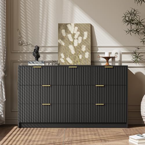 Image of MAISONARIA Black 7 Drawer Dresser for Bedroom, 55.9 inch Wide Modern Fluted Dresser with Gold Metal Handles, Wide Chest of Drawers for Bedroom, Living Room, Entryway, Hallway