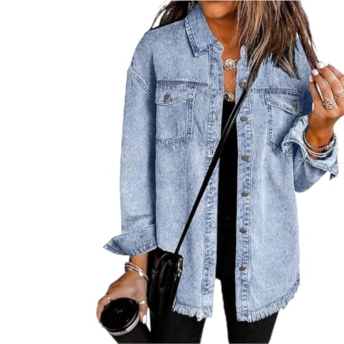 Symtmetry New Washed Denim Shirt Jactet for Women, 2025 Women's Casual Denim Button Down Distressed Jacket Fall Outfits