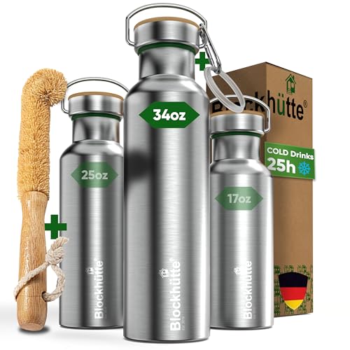 Blockhütte Vacuum Insulated Stainless Steel Water Bottle - 34 oz | Wide Mouth Insulated Metal Bottle for Cold Drinks | Perfect for Travel, School, Kids, Adults, Water Canteen, BPA-Free