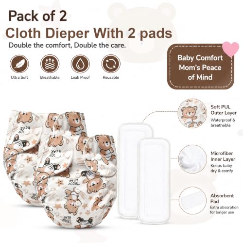 Image of GLUN Printed Reusable Baby Cloth Diaper Pack of 2, Multicolour Colour Cute Teddy Print, Comfort & Protection, Leakproof & High Absorption