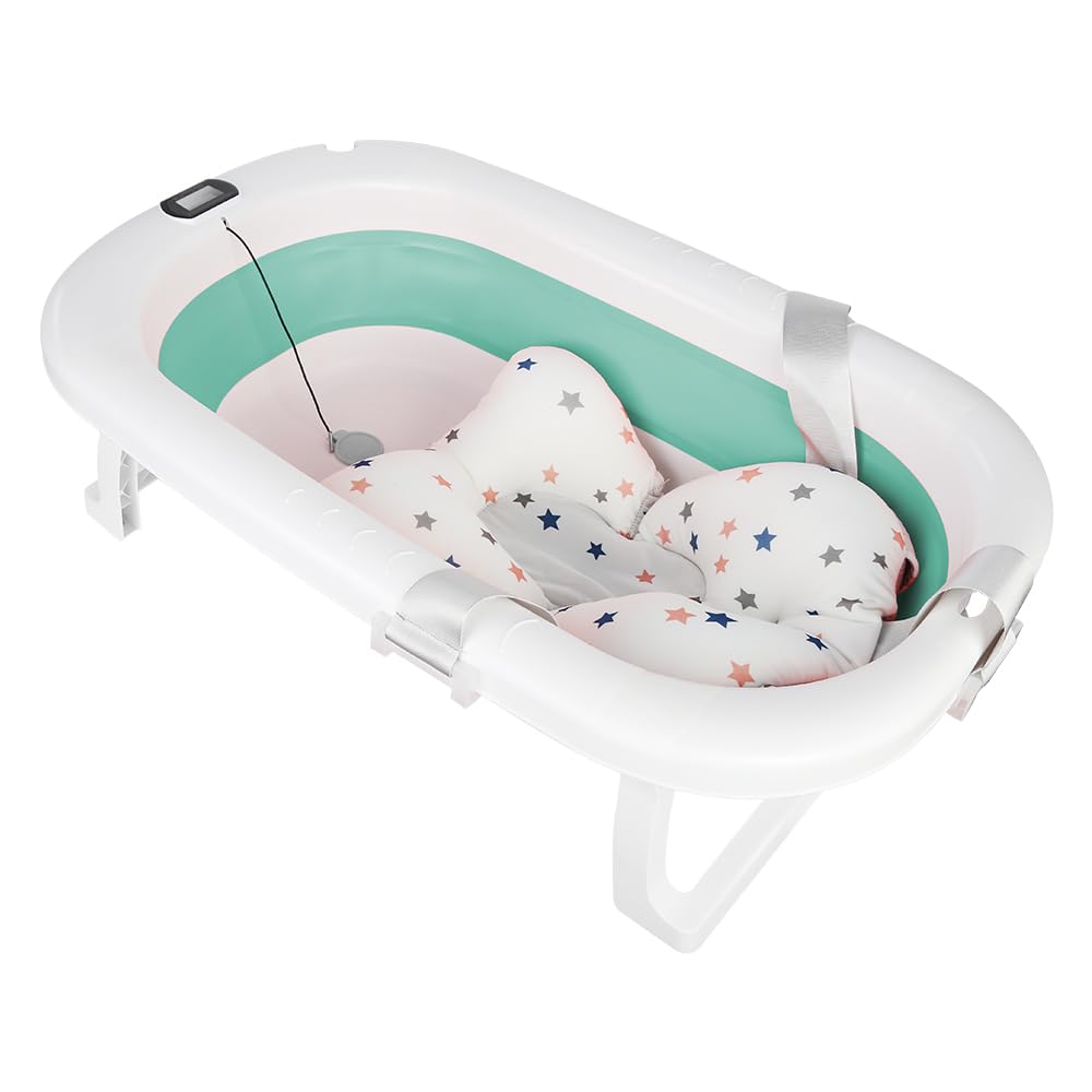 Flexible Babybadewanne mit Temperaturanzeige, Duschkissen, Duschstecker, rutschfeste Füße, faltbare Babybadewanne für Neugeborene, 0 bis 24 Monate (Grün, 80 x 50 x 23 cm)
