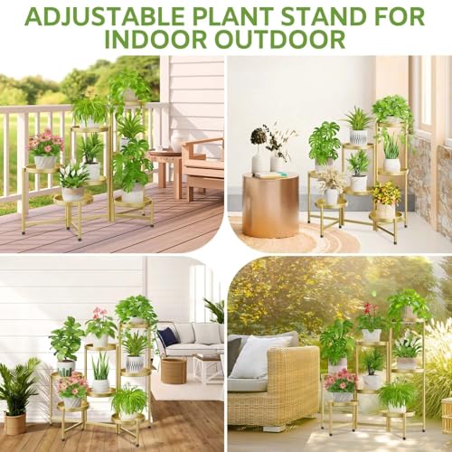 Image of iDavosic.ly 7 Tier Large Plant Stand Indoor, 10 Inch Wide Tall Corner Metal Plant Stands Outdoor for Multiple Plants, Folding Tiered Flower Display Holder Rack Shelf, Gold