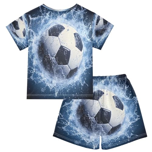 ALAZA Soccer Football Blue Water Pajamas Set Short Sleeve Cotton Sleepwear Summer Pjs 2 Piece 5-14Y2