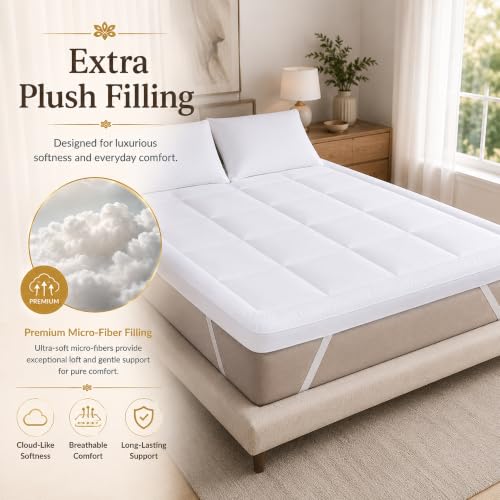 Image of Divine Casa Premium Microfiber Double Bed Mattress Topper (72 x 72 Inch) | 2 Inch Thick Mattress Pad | 500 GSM Super Soft Hollow Fiber Filling | Breathable | 4 Corner Elastic Bands | White