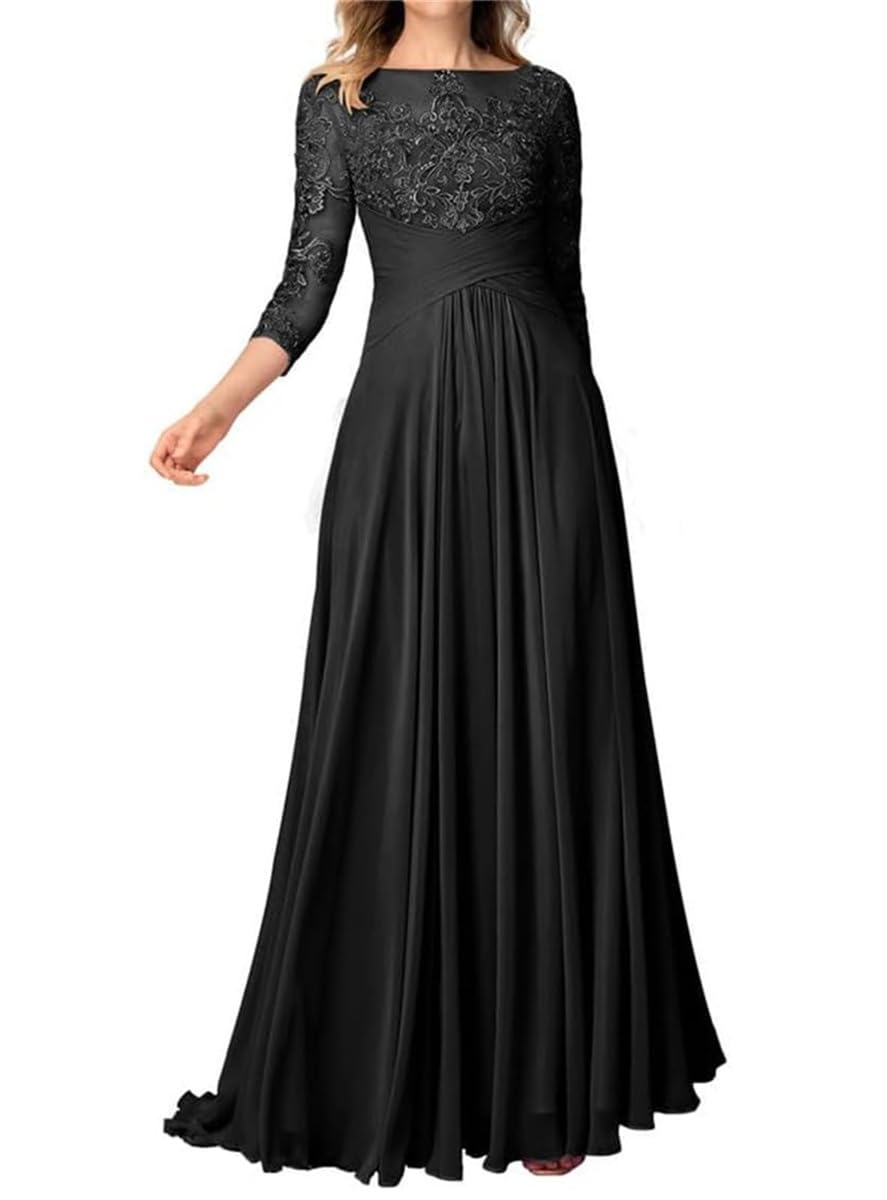 Wseyu Women's Black O Neck Mother Of The Bride Dresses With Lace Half Sleeves A-Line Sweep Train Formal Party Evening Gowns Uk20