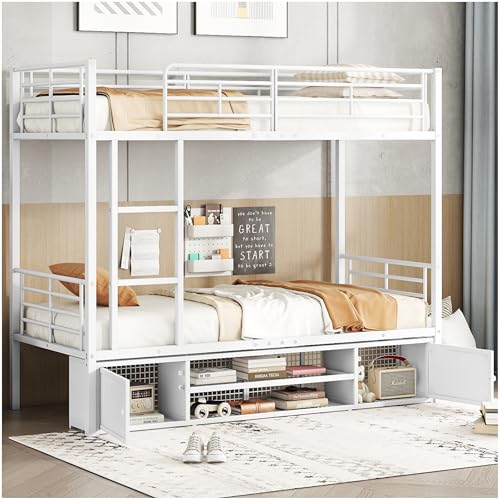 Lubvtti Litera Infantil con Compartimento de Almacenamiento,Cama Infantil 90 x 200 cm, Cama de Matrimonio de Hierro con Escalera Lateral y Barra de Seguridad, literas Juveniles,Blanco