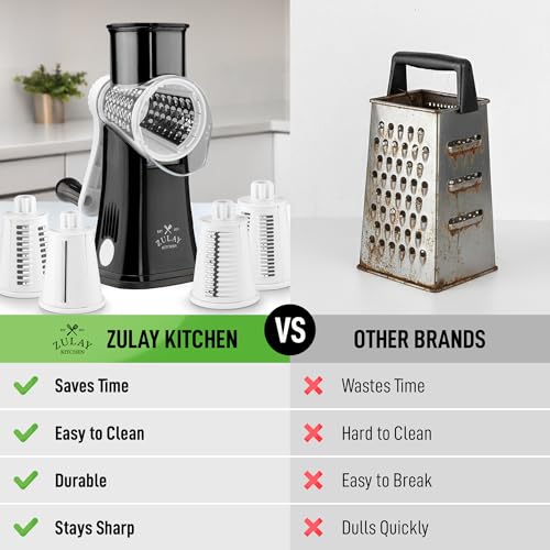 Image of Zulay Kitchen Rotary Cheese Grater 5 Blade Cheese Shredder - Manual Hand Crank Cheese Grater With Reinforced Suction & 5 Interchangeable Drums - Easy to Use, Vegetable Chopper Round Mandoline Slicer