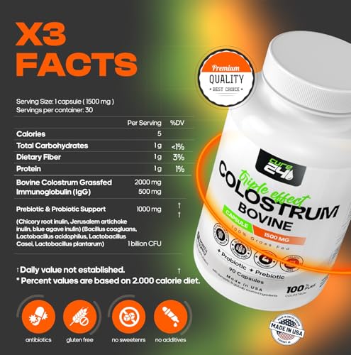 Image of Bovine Colostrum X3 Supplement Powder for Humans, 100% Pure Whole Natural Grass Fed Superfood, High IgG, Plus Probiotic & Prebiotic, Unflavored, (Capsule)