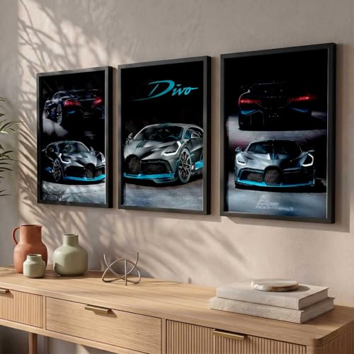 Image of walllane Big Bugatti Divo Framed Posters Gift Items for Boys Room Wall Decoration Bedroom Living Room Office Studio Decor | Car Poster Frame for Wall Decor Set Of 3 Size (10x13 inch)