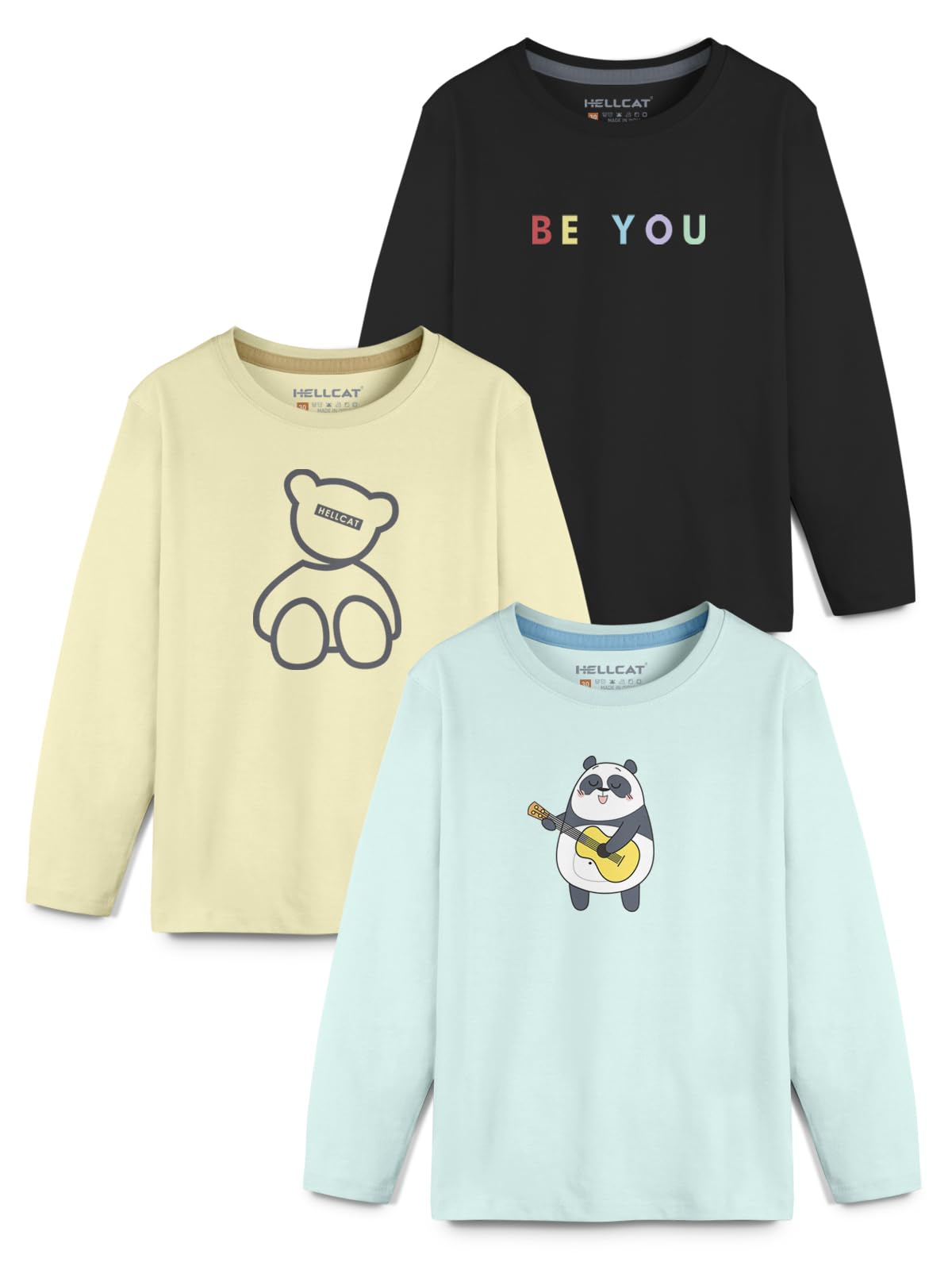 HELLCAT Multicolor Trendy Graphic Printed Typographic Cotton Blend Crew Neck/Round Neck Full Sleeve T-Shirt for Girls - Pack of 3