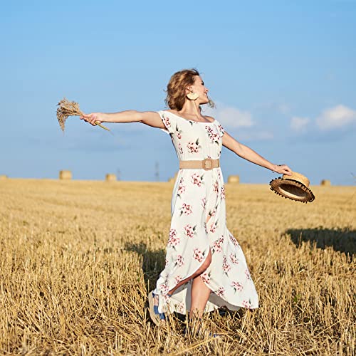 Awaytr Straw Woven Elastic Women Belt - Ladies Boho Braided Stretch Wide Waist Belt For Dresses (2Pcs, Beige+Khaki) #TOP5