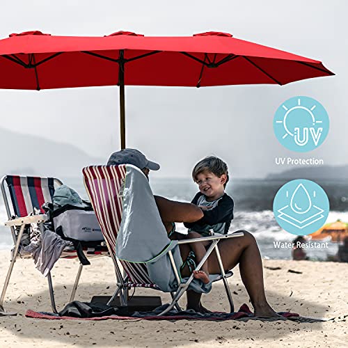 Aoodor 15 ft. Double Sided Patio Umbrella Dining Table Outdoor Market Umbrella with Base Stand - Wine Red Color