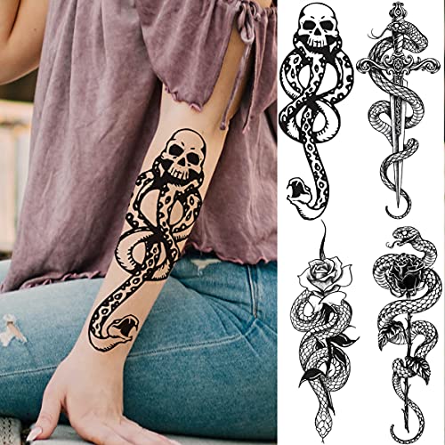 Goromon 10 Sheets Realistic Snake Temporary Tattoos For Women Men Forearm Arm Sexy 3D Tribal Cobra Mamba Viper Serpent Tattoos Temporary Adults Kids Fake Tattoos Sticker Black Sword Rose Flower Tatoos #TOP5