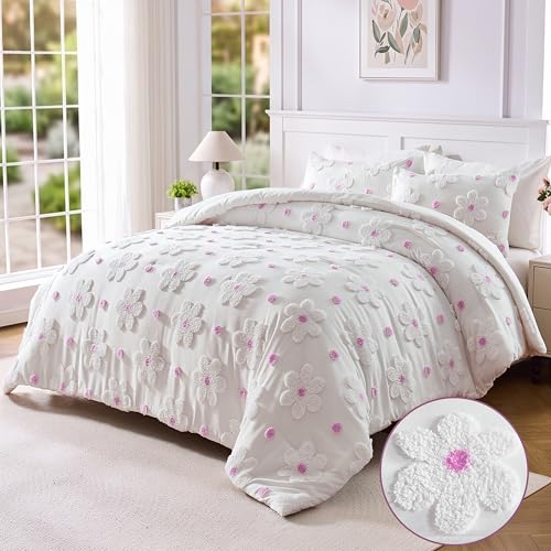 Image of Full Comforter Set for Girls Soft Pink Tufted Daisies Flowers Bedding Sets | CotComf 3 Pieces Full Size Floral Bedding Set for Girls Full Bed in A Bag Cute Comforter Bed Set for Kids Teen Girls Women