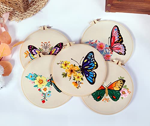 Image of Konrisa Embroidery Starter Kits with Butterfly Flower Pattern, Stamped Cross Stitch Kits for Beginners Adults DIY Sewing Include Embroidery Hoop Embroidery Fabric Threads and Needles,Set of 2