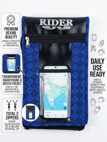 Image of Universal Bike Fuel Tank Bag with Clear Mobile Touch Pocket & Dual Zip | Rexine Leather Tank Cover Compatible with Splendor, Shine, SP 125, Pulsar, Platina, Glamour, Unicorn, Raider (Blue & Black)
