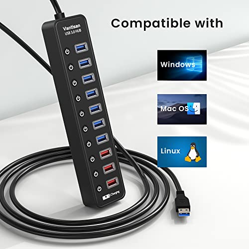 Vantisan Powered Usb 3.0 Hub, 11-Port Usb Hub Splitter Extension （7 Usb 3.0 Data Ports + 4 Smart Charging Ports） With Separate Led On/Off Switches And 12V/3A Power Adapter For Usb Devices. #TOP5