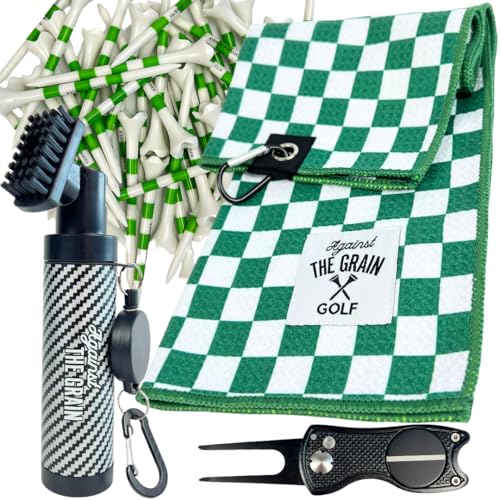 Golf Accessories for Men – Golf Club Water Brush, 50 Golf Tees, Divot Tool & 12×20 Inch Towel – Golf Gifts for Men, Mens Golfing Gifts, Golf Essentials for Men, Golf Accessories Kit