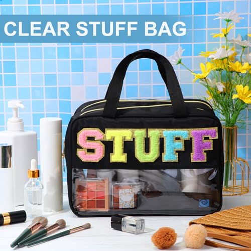 Pinkunn Large Stuff Bags with Handle Double Zippered Chenille Letter Stuff Bag Black Extra Large Clear Travel Pouch Waterproof Nylon Makeup Cosmetic Bag for Women Girls Travel Toiletry Supplies4