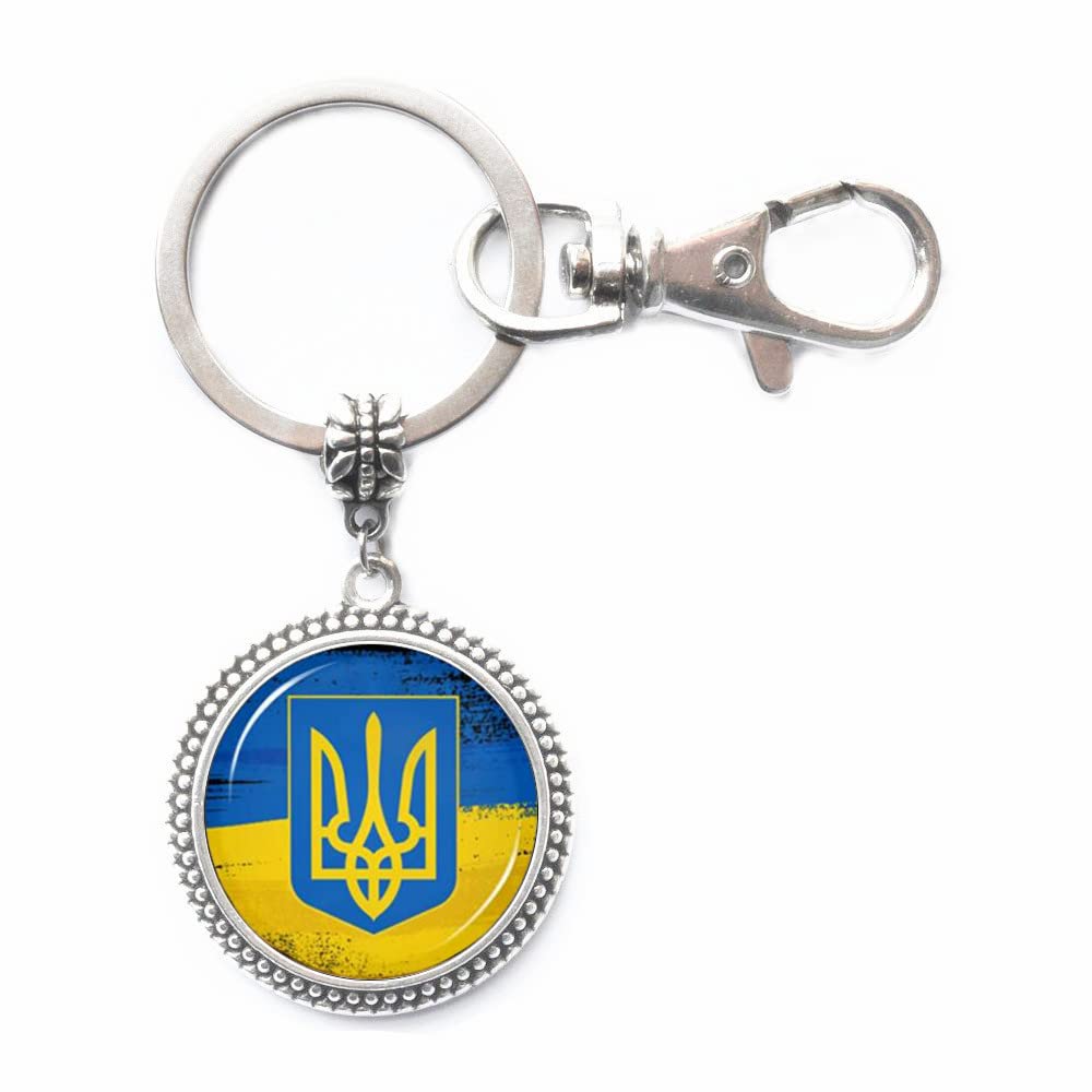 Waozshangu Pray for Ukraine Keychain,Ukrainian Flag Keychain,Art Photo Cabochon Car Keychain Ukrainian Symbol Rune Pattern Keychain for Men Women, Silver,bronze, 2.5cm