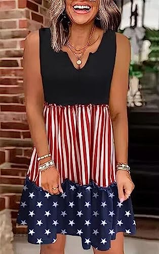 Image of Ditsy Floral Color Block Ruffled Sleeveless Mini Dress Womens Casual Sleeveless Loose Flowy Swing Shift Summer Dress